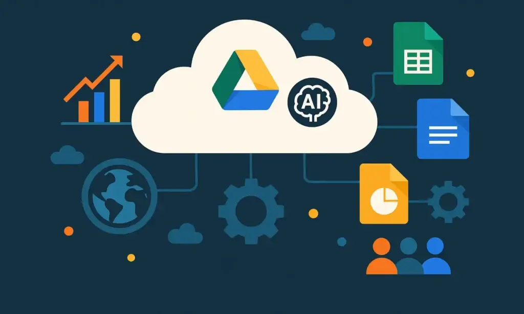 Futuristic illustration representing the business model of Google Drive with AI, cloud, and collaboration icons for entrepreneurs.