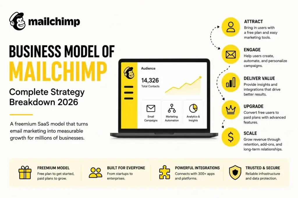 Simple Mailchimp business model feature image showing a freemium SaaS growth strategy with a marketing dashboard, email automation tools, analytics, user acquisition, premium upgrades, and recurring revenue generation in a clean yellow-and-black design.