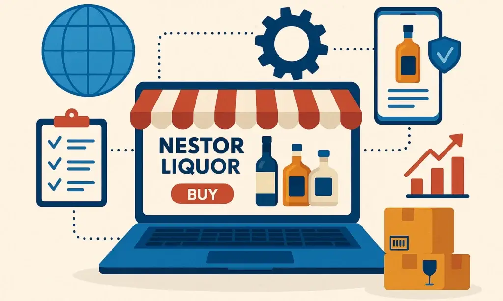 Modern digital illustration showing Nestor Liquorโs online business model of Nestor liquor bottles, e-commerce interface, and logistics icons symbolizing growth and compliance.
