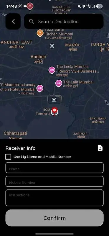 Careem Clone 23 Uber clone destination search screen with map view receiver information name mobile number instructions and confirm button