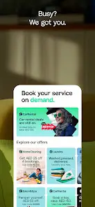 Careem Clone 22 Service booking app mobile screen showing on-demand home services, cleaning, laundry, pest control and handyman offers