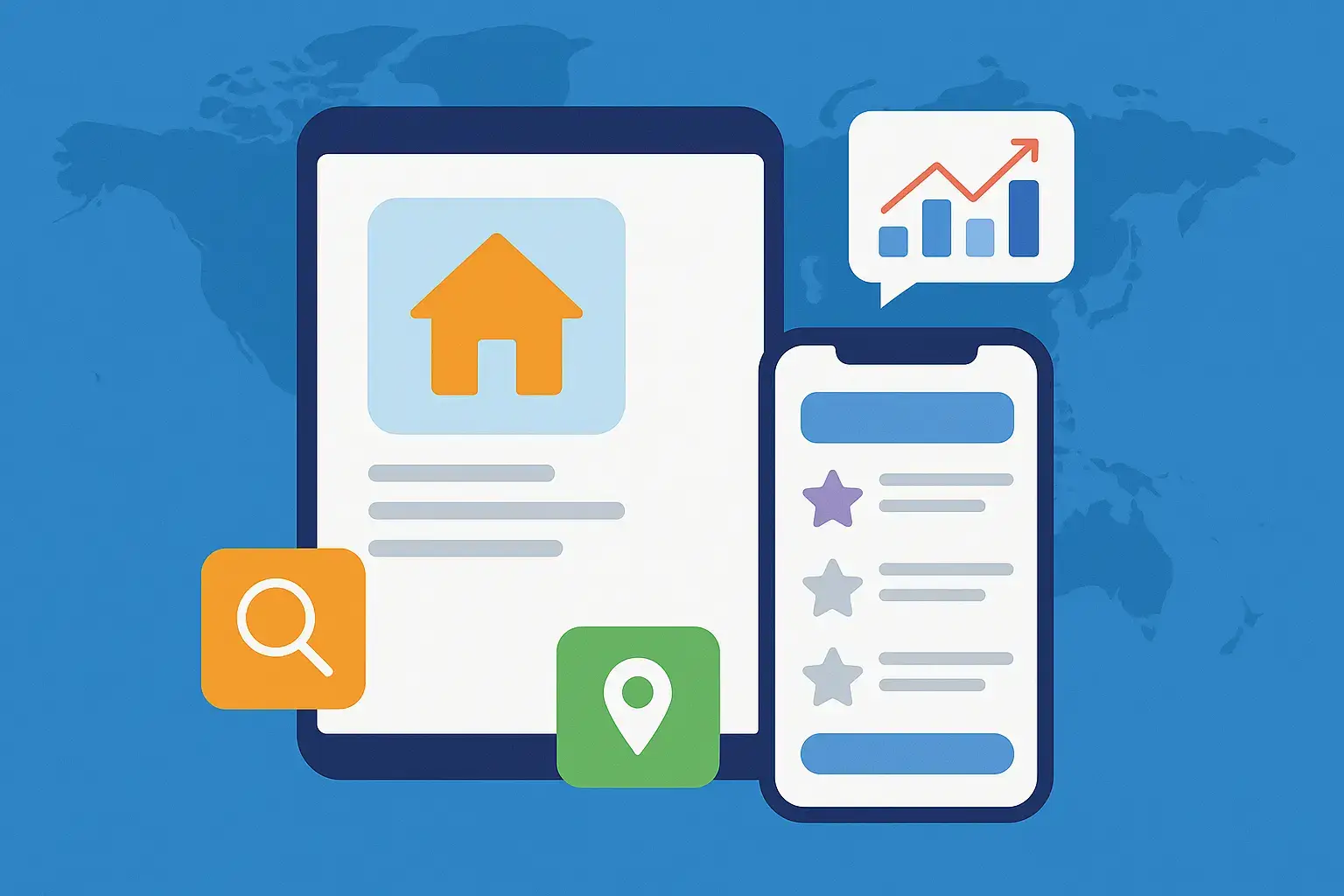 Illustration of a tablet and a phone showing a home listing, a star rating list, a map pin and a growth chart, the cover of a guide to co-living clone scripts.