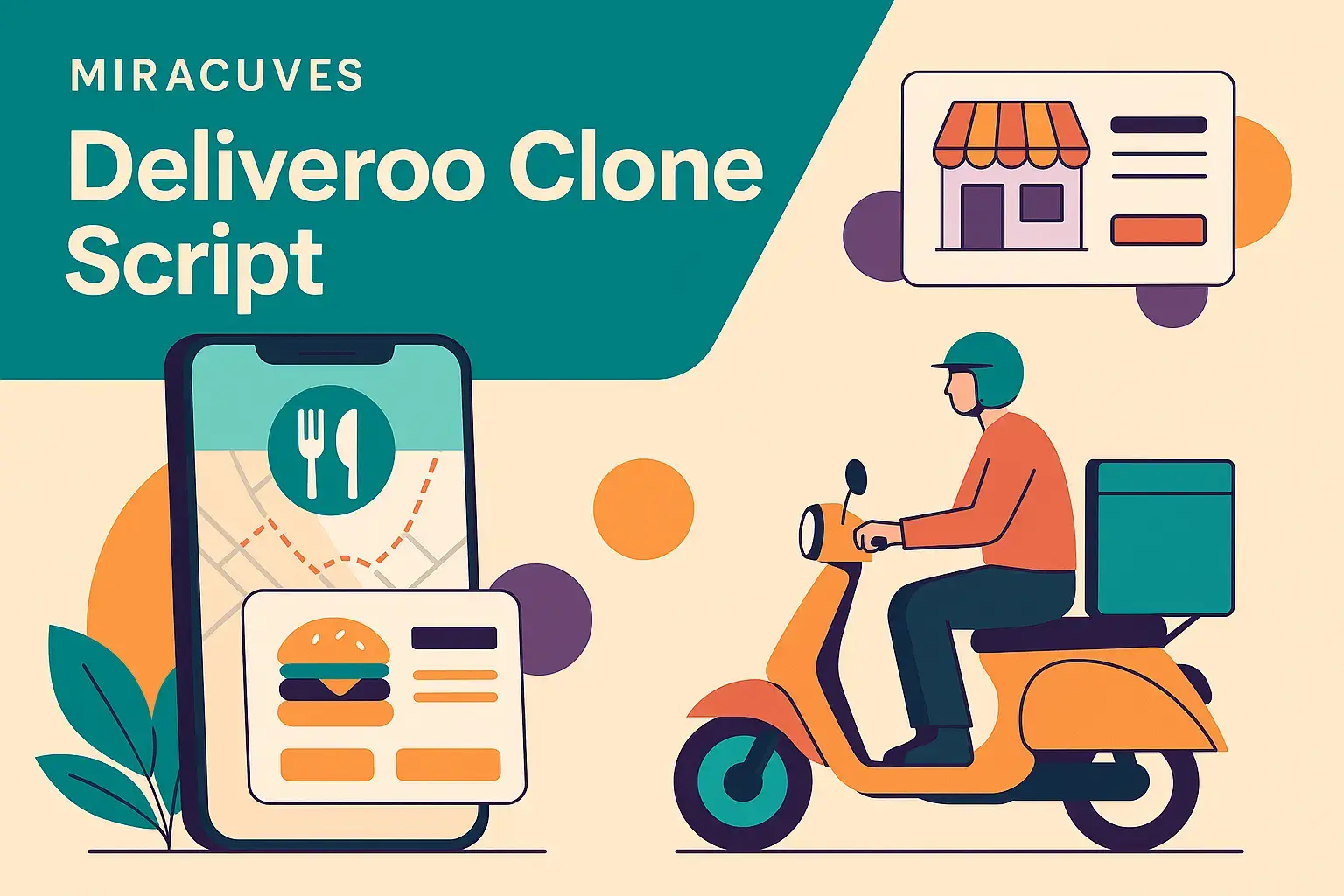 Modern Deliveroo Clone app concept showing courier and food delivery interface by Miracuves
