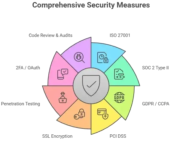How Safe Is a White-Label BSCPad App? Security Guide 2025 2 Circular infographic illustrating mandatory security features and compliance practices for app data protection.