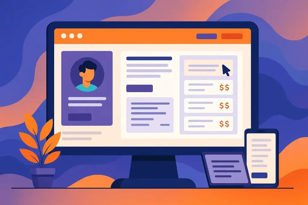 Modern freelance marketplace concept showing digital freelancer profiles on coModern freelance marketplace concept showing digital freelancer profiles on computer and mobile devices.mputer and mobile devices.