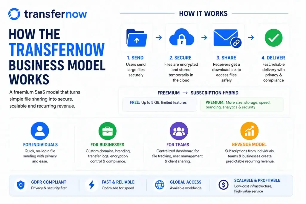 Business Model of TransferNow : Complete Strategy Breakdown 2026 1 Compact TransferNow business model infographic showing the file transfer workflow from sending and securing files to sharing and delivery, alongside its freemium-to-subscription revenue model for individuals, teams, and businesses.