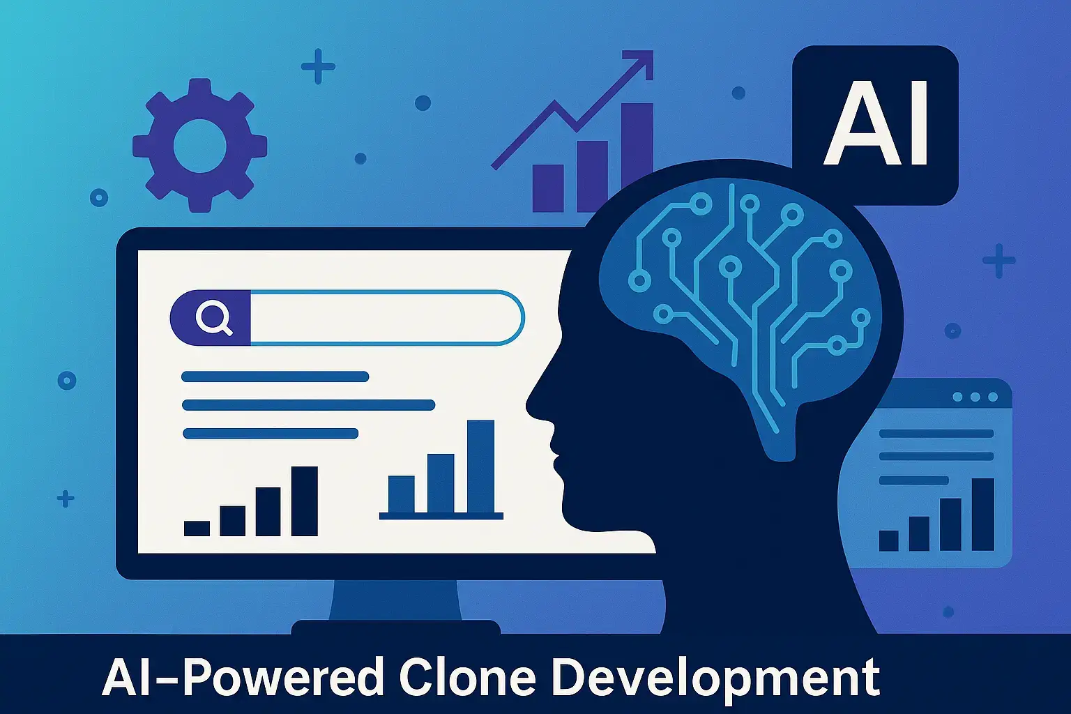 DeepSeek Clone 59 Head in profile with a circuit-board brain beside a search bar and a bar chart, captioned AI-Powered Clone Development.