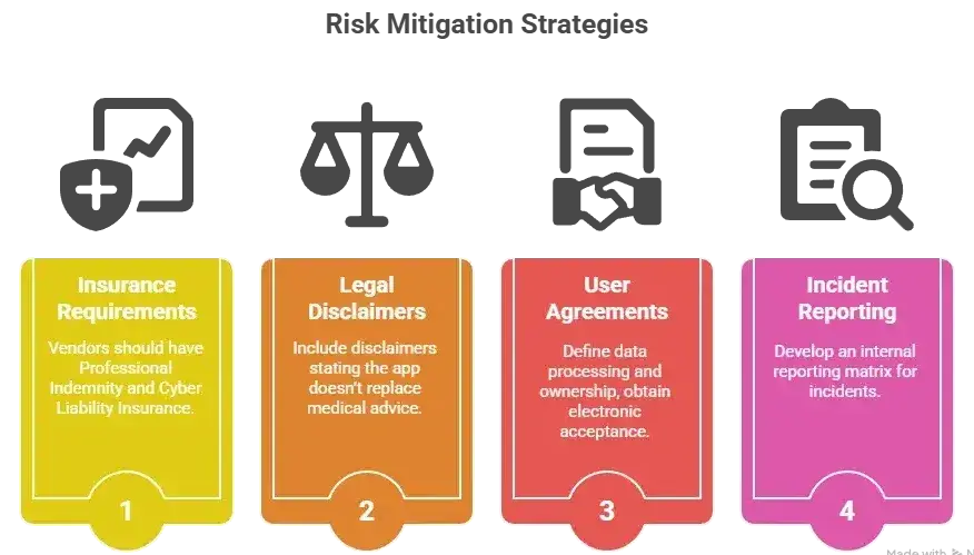 How Safe is a White-Label 1mg App? Security Guide 2026 2 Infographic outlining four key aspects of liability protection in white-label app development โ insurance, disclaimers, user agreements, and incident reporting.