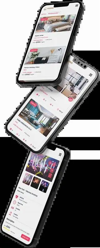 Lyft Clone 15 Rental booking app mobile screens showing property listings apartment details hotel booking and event venue pages