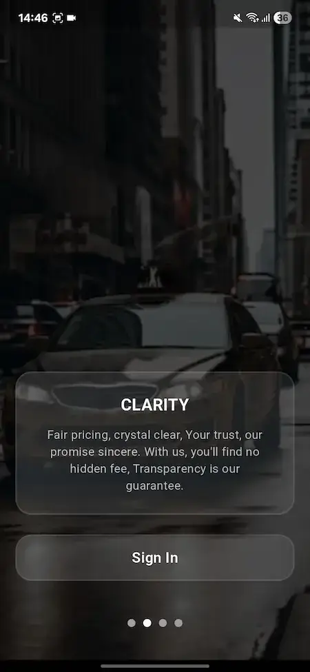 Lyft Clone 26 Uber clone onboarding screen highlighting clarity fair pricing transparent fees sign in button and trust-focused ride booking experience