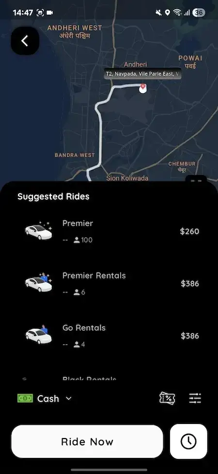 Lyft Clone 20 Uber clone suggested rides screen with map route ride options fare estimates cash payment and ride now button