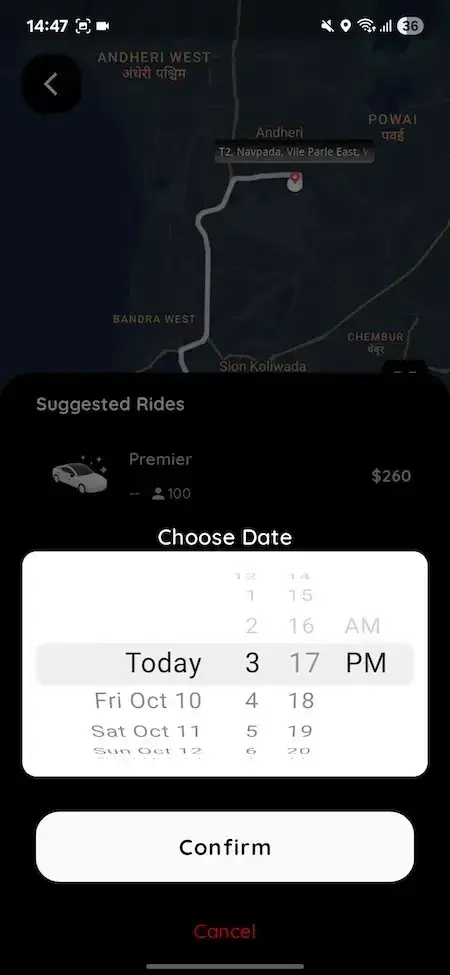 Lyft Clone 19 Uber clone scheduled ride screen with map route suggested rides fare estimate date picker confirm and cancel buttons