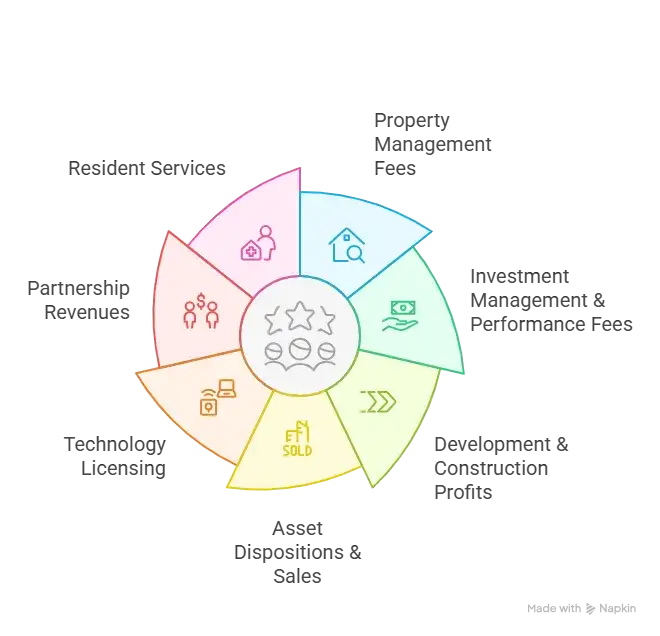 Business Model of Greystar : Complete Strategy Breakdown 2025 1 Infographic showing Greystarโs revenue streams and monetization model with sections for investment management, property operations, and development profits Business Model of Greystar .