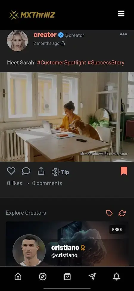 Thrillz Clone 15 Thrillz clone mobile creator feed with customer spotlight post likes comments tips bookmarks and explore creators section