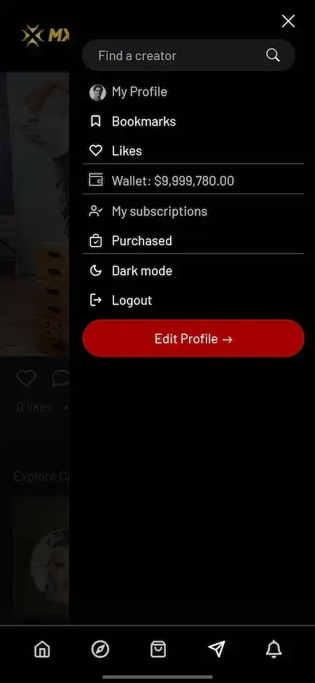 Thrillz Clone 23 Thrillz clone mobile side menu with creator search profile bookmarks likes wallet subscriptions purchased dark mode and logout options