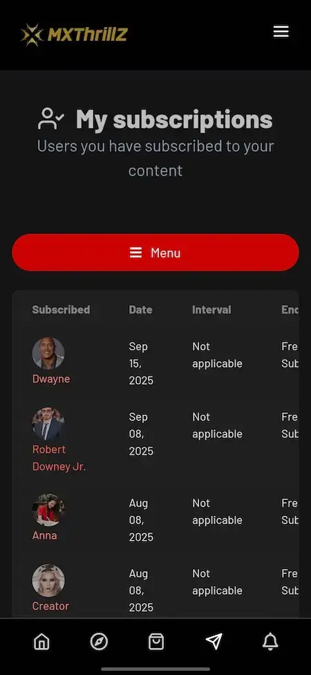 Thrillz Clone 22 Thrillz clone my subscriptions screen showing subscribed creators dates intervals and subscription status