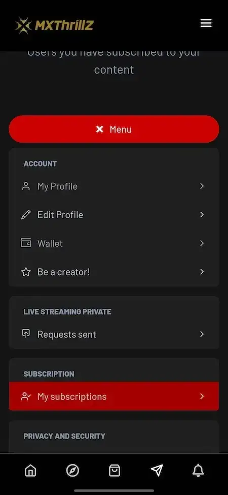 Thrillz Clone 21 Thrillz clone account menu screen with profile edit profile wallet creator option live streaming requests and subscriptions