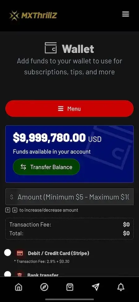 Thrillz Clone 20 Thrillz clone wallet screen for adding funds subscriptions tips transfer balance and Stripe card payments