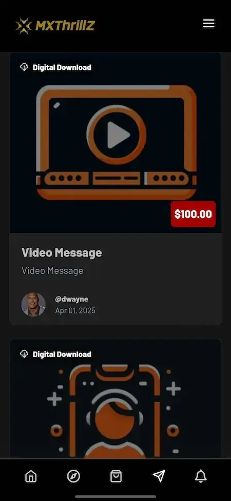 Thrillz Clone 19 Thrillz clone mobile screen showing digital download video message product with creator profile and paid download price