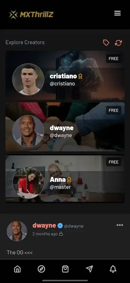 Thrillz Clone 16 Thrillz clone mobile interface showing explore creators section with celebrity profiles free creator cards verified post and bottom navigation