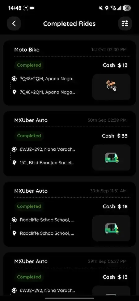 Uber Clone 17 Uber clone completed rides mobile screen showing trip history completed status vehicle type pickup drop locations and cash fares