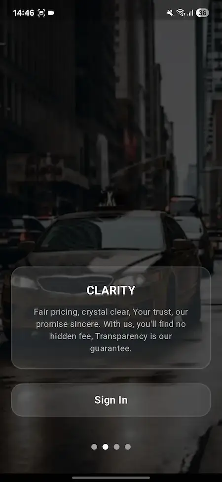 Uber Clone 26 Uber clone onboarding screen highlighting pricing clarity, transparent fees, trust message, sign-in button, and rider app introduction