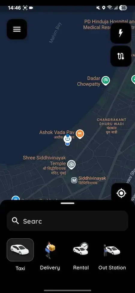 Uber Clone 24 Uber clone home screen with map view search bar taxi delivery rental and outstation service options