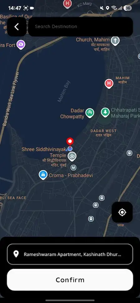 Uber Clone 23 **Alt Text:** Miracuves development services: A map view of a location with a search bar and confirm button.**Title:** Miracuves Development Services - Map View**Caption:** Miracuves development services provide a map view feature for users to search and confirm locations.**Description:** This image showcases a map view feature developed by Miracuves, allowing users to search for specific locations and confirm their selection. The map view displays a search bar at the top, where users can enter their desired location, and a confirm button at the bottom, which enables them to validate their selection. The map view also features various markers and labels, providing additional context and information about the location. Overall, this image demonstrates Miracuves' expertise in developing user-friendly and functional map view features for various applications.