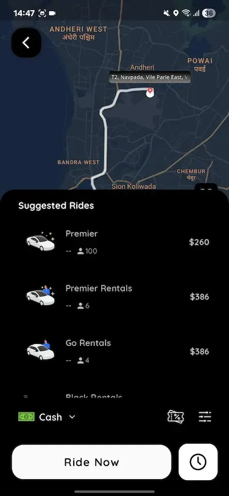Uber Clone 20 Uber clone suggested rides mobile screen with map route ride options fare estimates cash payment and ride now button