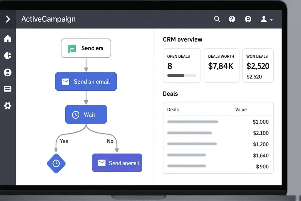 What is ActiveCampaign App and How Does It Work? 1 ActiveCampaign dashboard showing email automation workflow and CRM deal overview