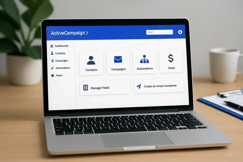 ActiveCampaign dashboard showing contacts, campaigns, automations, and deals sections