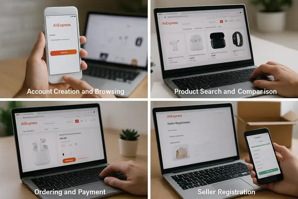 What is AliExpress App and How Does It Work? 2 AliExpress shopping process showing account creation, product search, ordering, and seller registration.