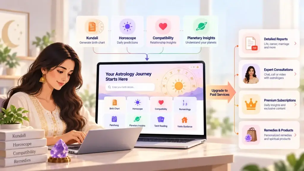 Astrology Portal Platform Business Model: Turning Free Tools and Content Into Paid Services 1 Astrology platform converting free Kundali, horoscope, compatibility, and planetary insights into paid reports, consultations, subscriptions, and products.
