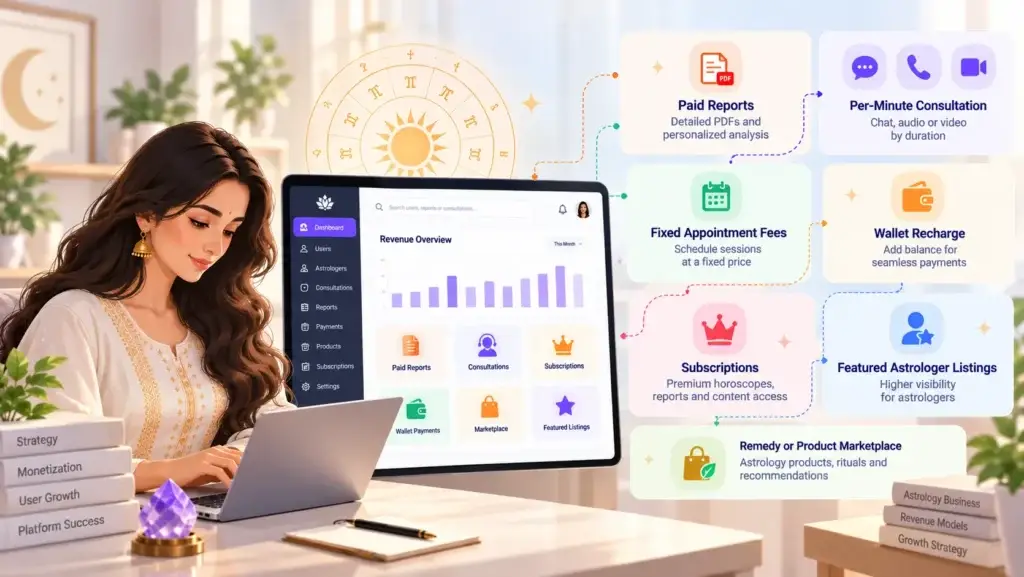 What Features Should an Astrology Portal Platform Include for Kundali, Horoscopes, Reports, and Consultations? 2 Astrology portal monetization features including paid reports, per-minute consultations, appointment fees, wallet recharge, subscriptions, and product sales.
