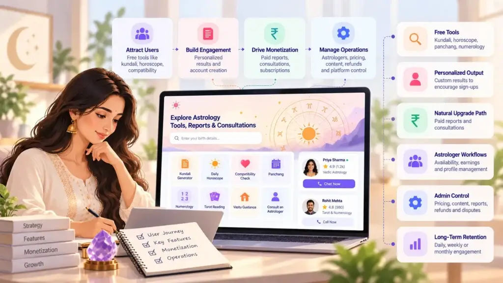What Features Should an Astrology Portal Platform Include for Kundali, Horoscopes, Reports, and Consultations? 1 Astrology portal user journey from free Kundali and horoscope tools to personalized reports, consultations, subscriptions, and admin-managed services.