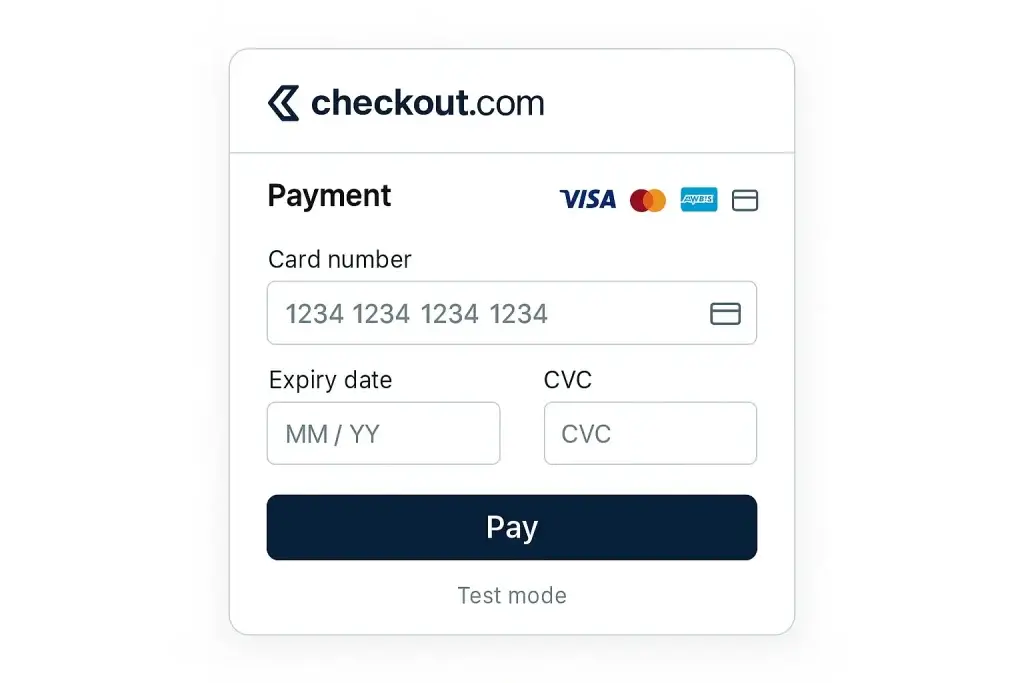 What is Checkout.com and How Does It Work? 1 Checkout.com online payment gateway interface showing card number, expiry date, and CVC fields for Visa, Mastercard, and AMEX payments.