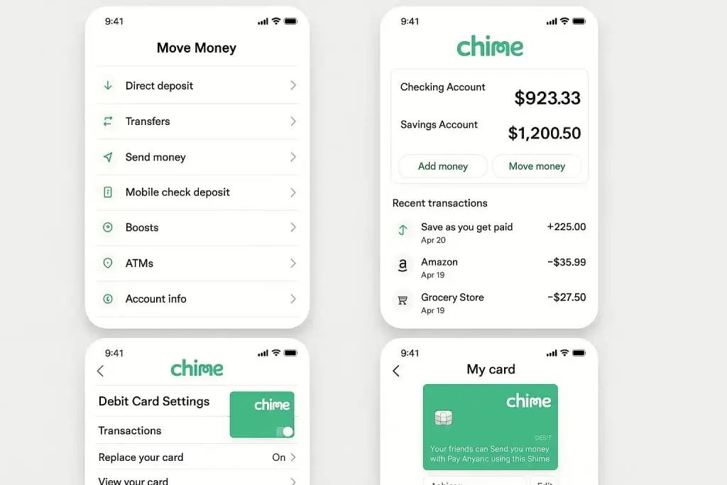 What is Chime and How Does It Work? 2 Multiple Chime app screens showing checking and savings accounts, debit card settings, transactions, and money transfer options.