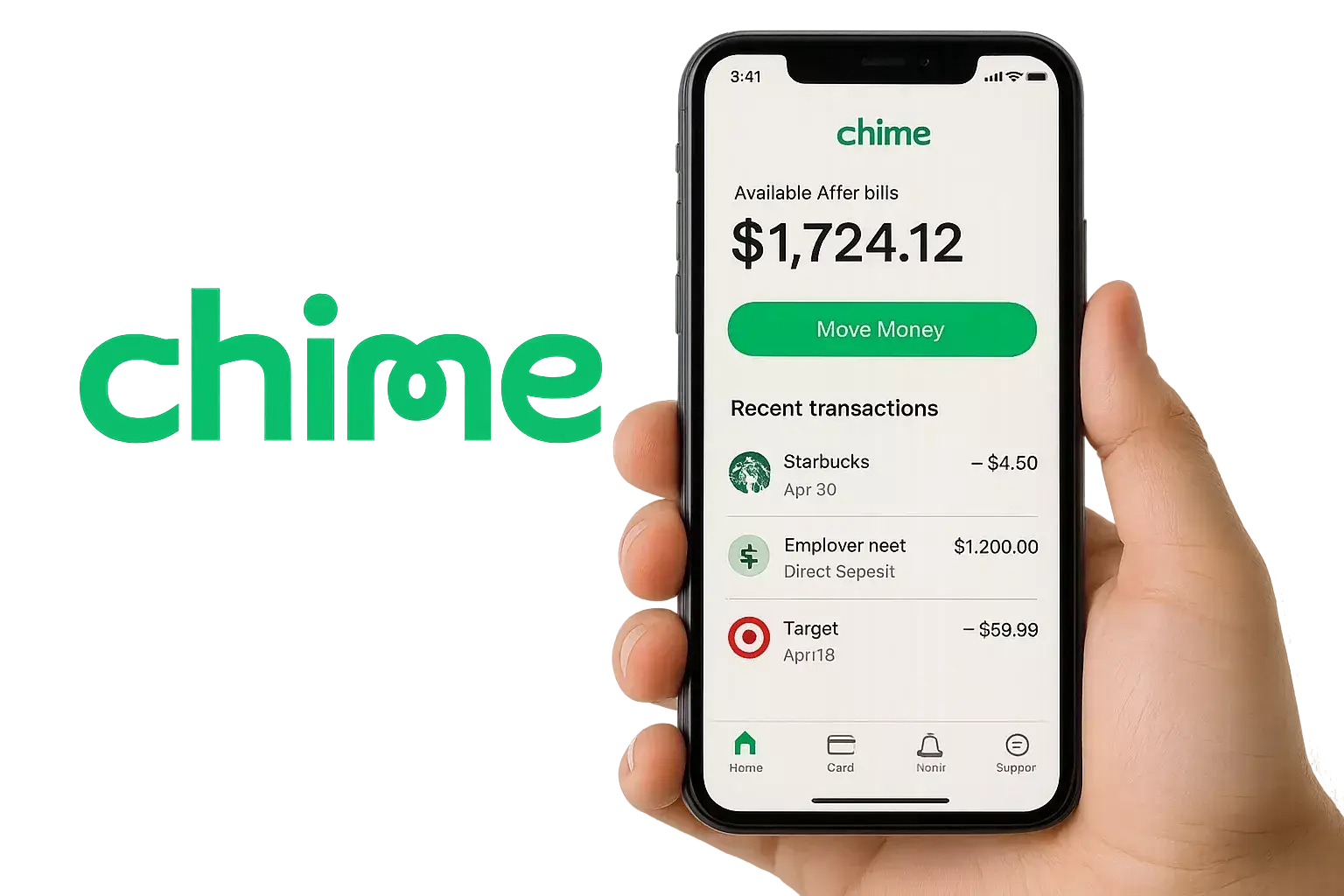 Hand holding smartphone displaying Chime app interface with account balance, move money button, and recent transactions.