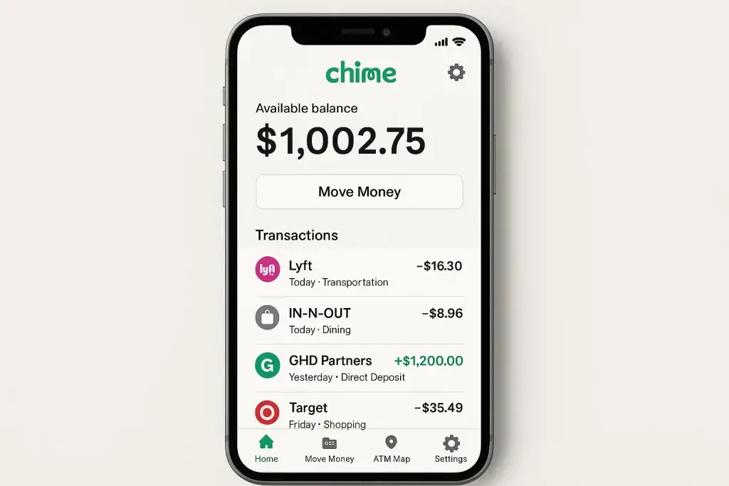What is Chime and How Does It Work? 1 Chime app interface on smartphone showing available balance and recent transactions for Lyft, IN-N-OUT, and Target.