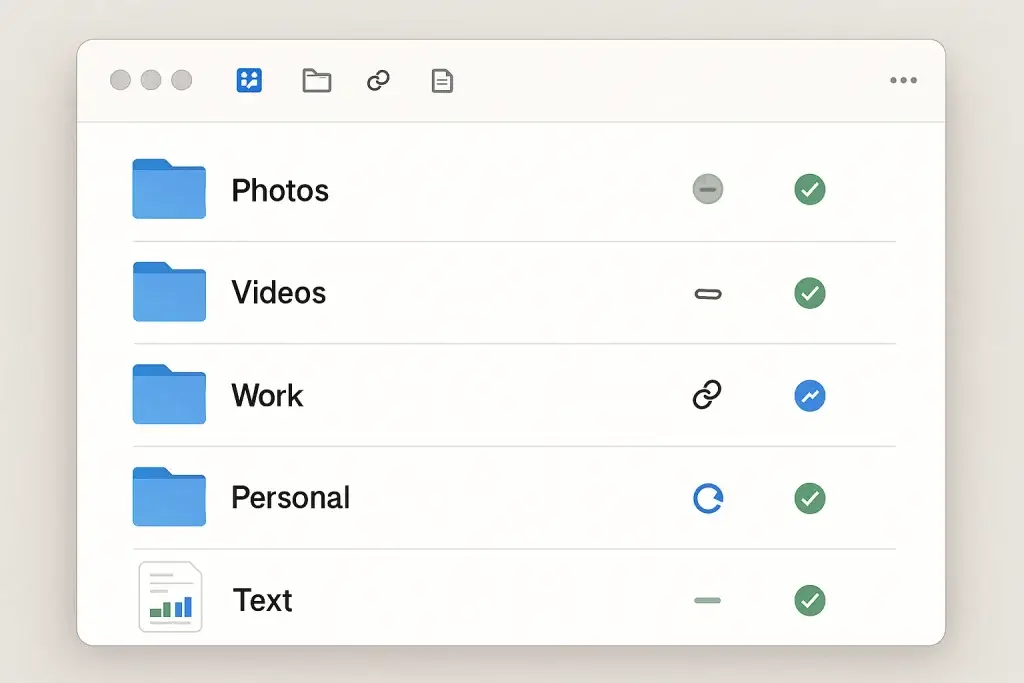 What is Dropbox App and How Does It Work? 1 Cloud file management interface showing synced folders for photos, videos, work, and personal files