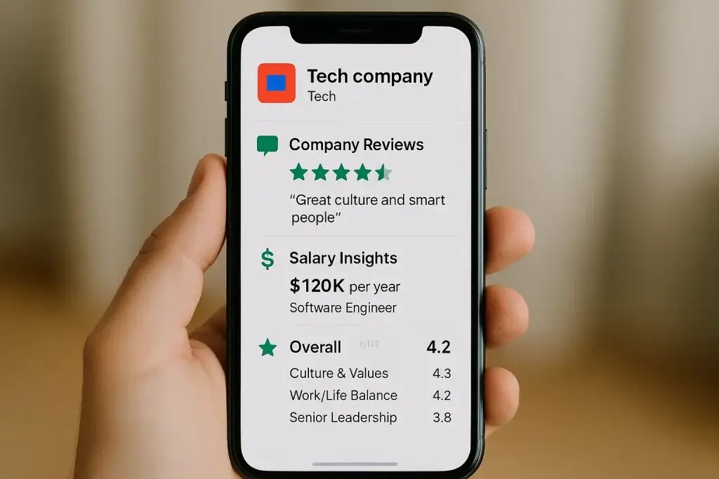 What is Glassdoor App and How Does It Work? 2 Person holding a smartphone showing a company review and salary insights interface with ratings, salary, and overall score.