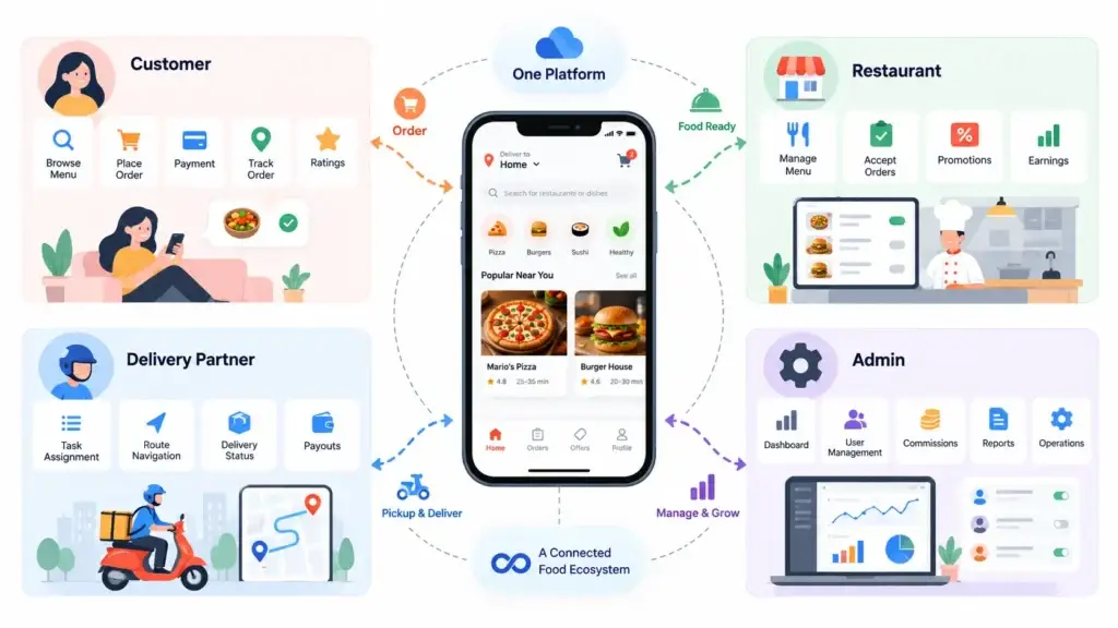 How the Food Delivery Marketplace Model Connects Ordering, Fulfillment, and Platform Operations 1 Connected food delivery ecosystem linking customers, restaurants, delivery partners, and admin operations