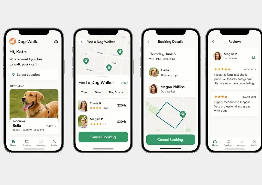 What Is Dog Walk and How Does It Work? Complete 2026 Guide 3 dog walk app feature screenshots ui