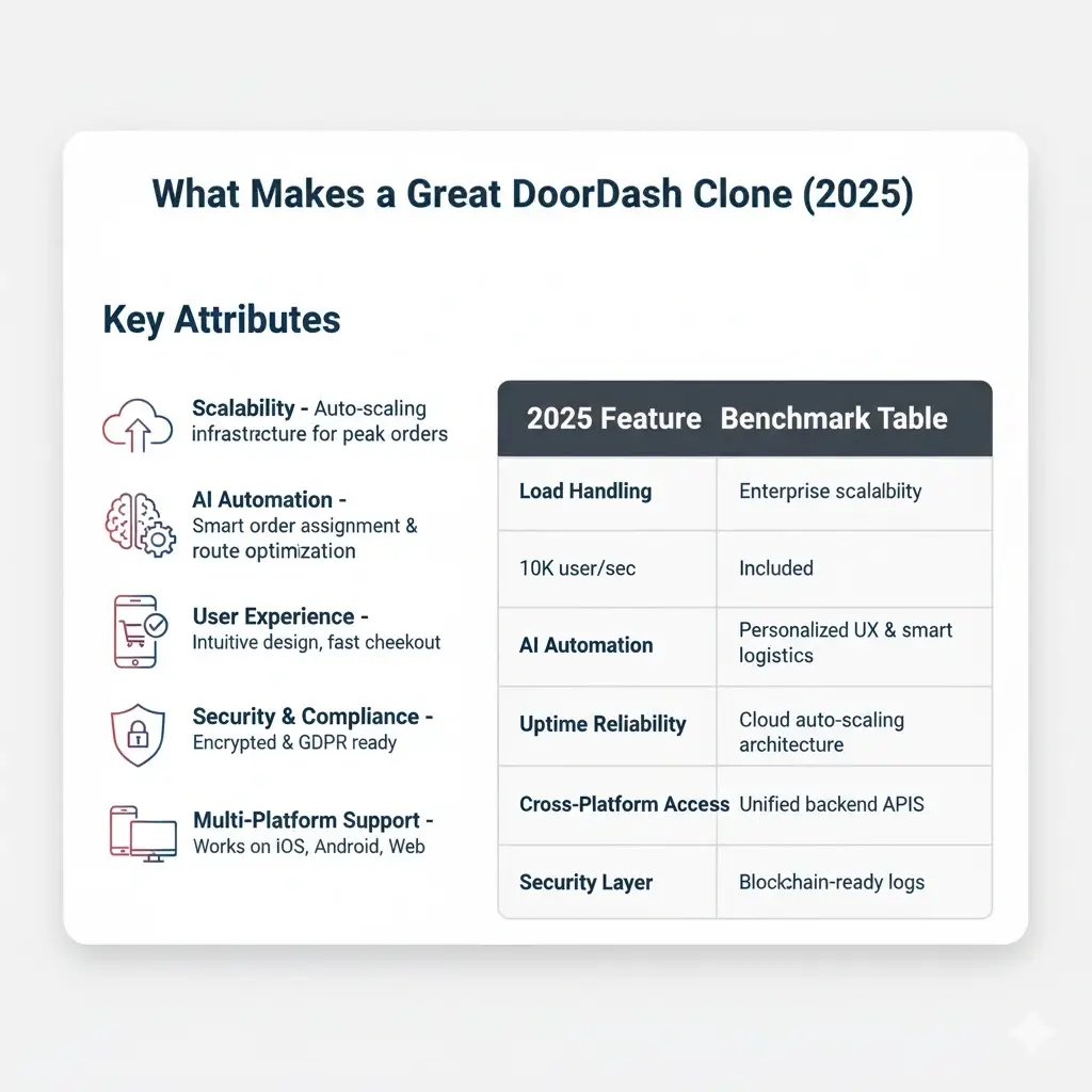 Best DoorDash Clone Script 2026 - Launch Your On-Demand Food Delivery App 1 Infographic chart comparing 2025 DoorDash Clone features like scalability, AI automation, and uptime reliability.