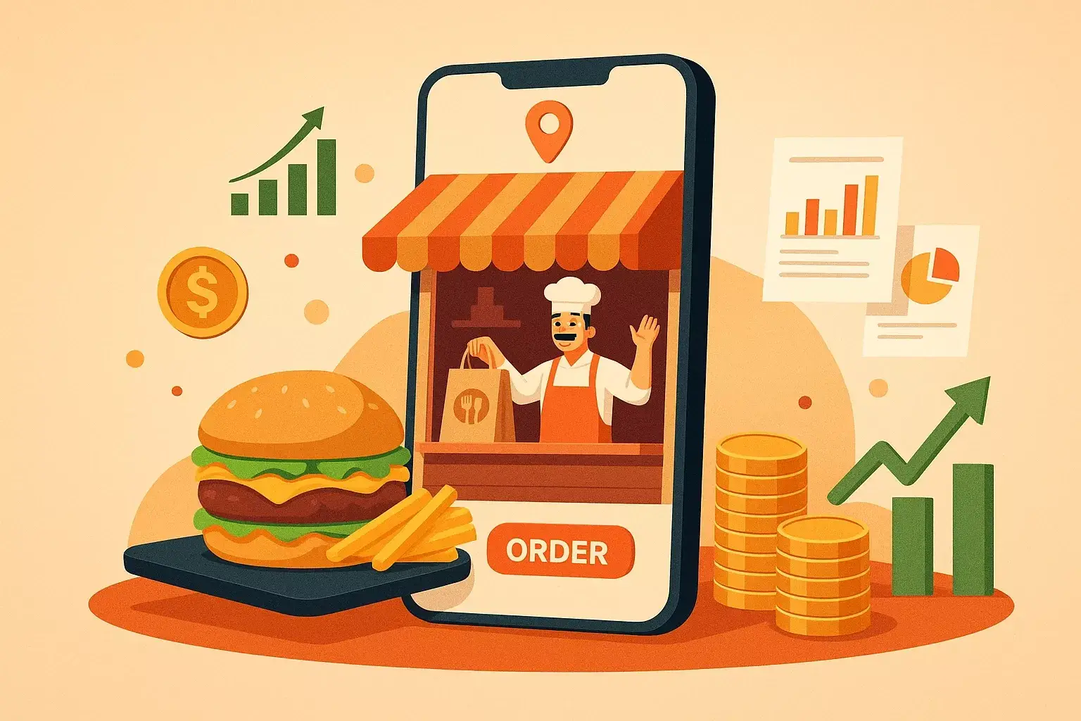 Concept illustration showing DoorDash-style app delivery and revenue growth model