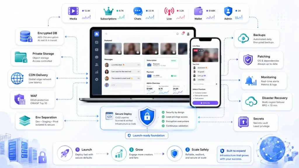 How Safe Is a White-Label Fansly App? Security Guide 2026 2 Fansly app secure infrastructure with encrypted database, private storage, CDN, WAF, backups, monitoring, and disaster recovery