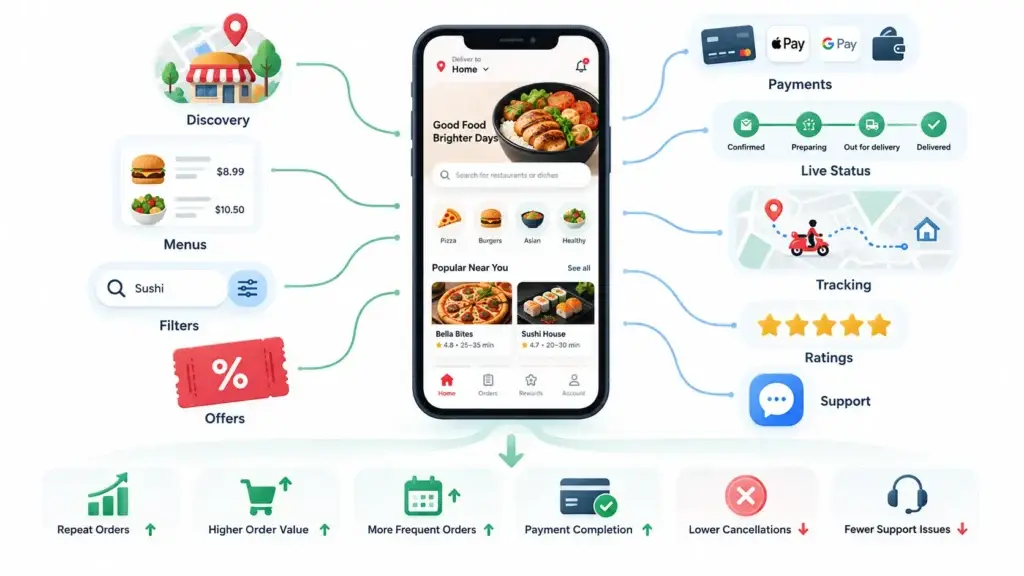 On-Demand Food Delivery Platform Business Model: How Customers, Restaurants, Riders, and Platform Operations Connect 1 Food delivery app customer experience showing restaurant discovery, menus, filters, offers, payments, live order status, tracking, ratings, and support.