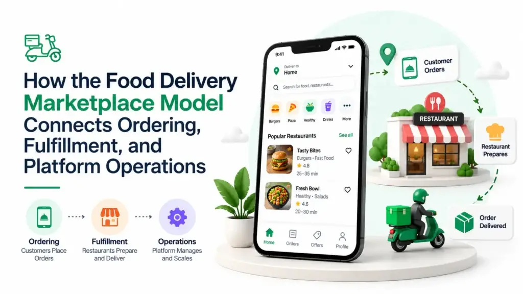 Food delivery marketplace model connecting customer ordering, restaurant fulfillment, delivery, and platform operations