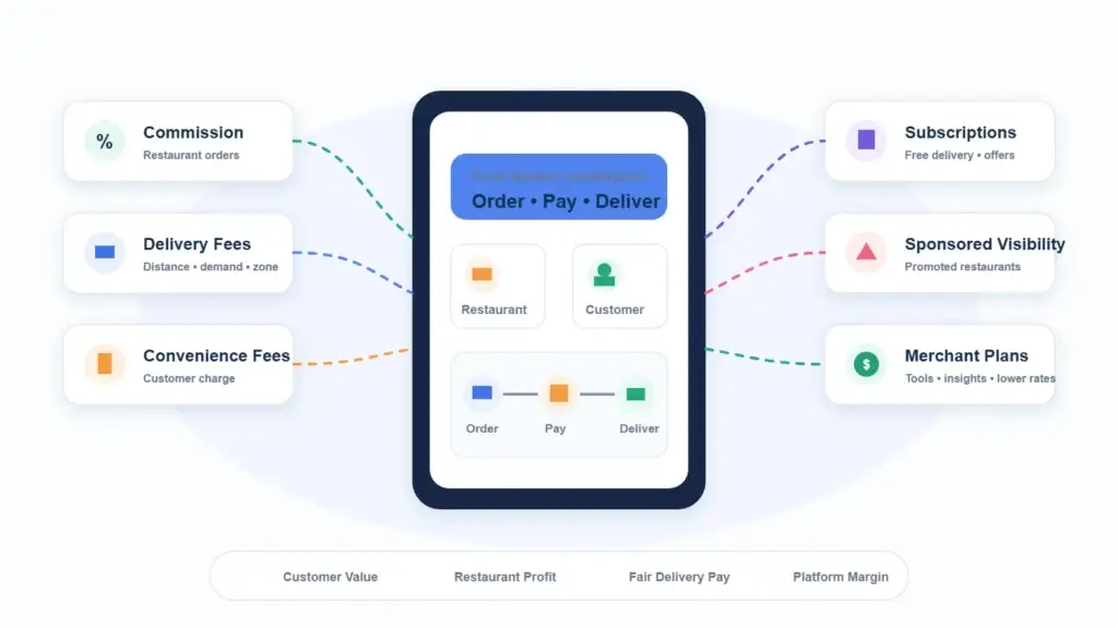 How Food Delivery Marketplaces Generate Revenue From Commissions, Delivery Fees, Subscriptions, and Promotions 1 Food delivery marketplace monetization model with commission, delivery fees, convenience fees, subscriptions, sponsored visibility, and merchant plans