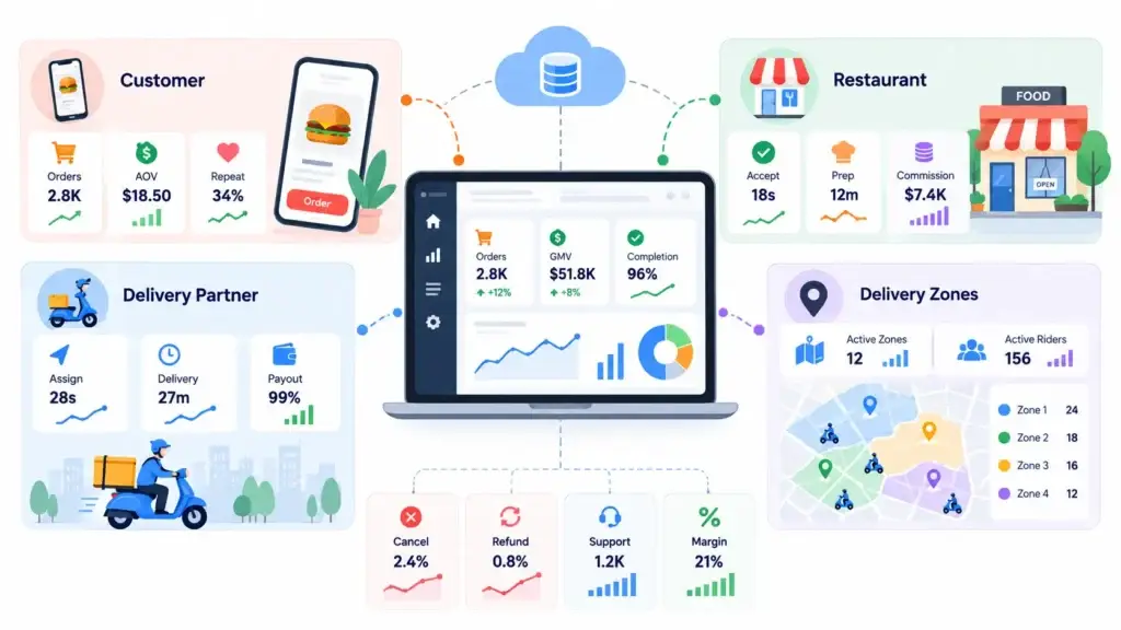 How the Food Delivery Marketplace Model Connects Ordering, Fulfillment, and Platform Operations 2 Food delivery marketplace operations dashboard showing customer orders, restaurant performance, delivery partners, zones, refunds, support, and margins